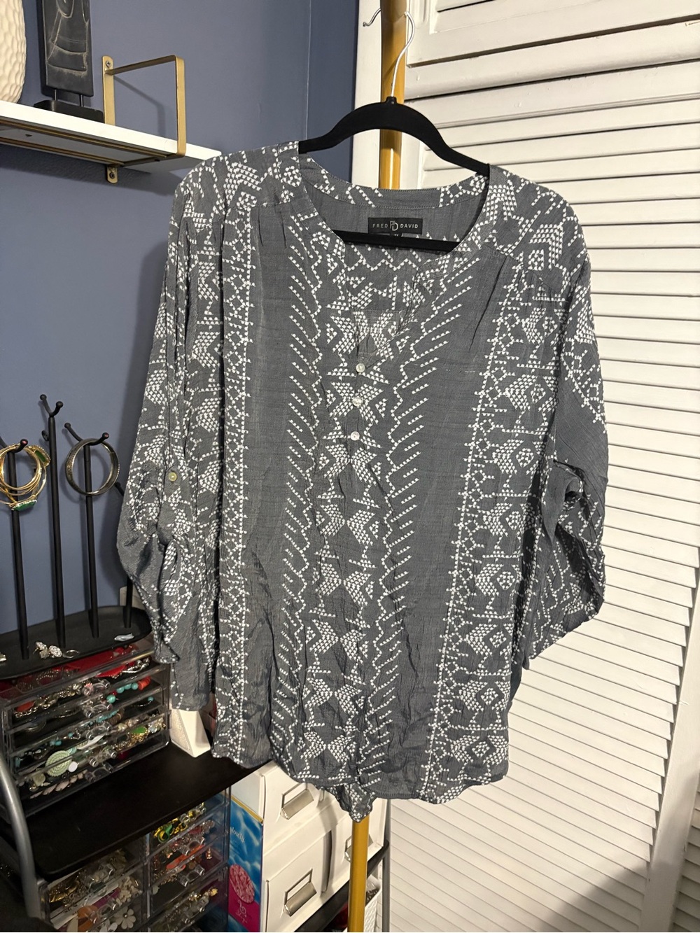 Fred David Gray Embroidered Button-Front Blouse